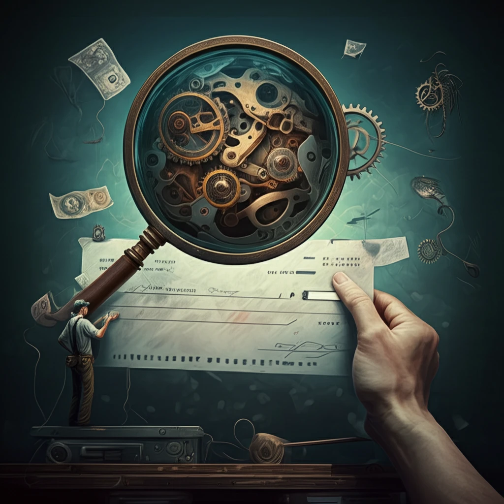 Close-up of a paycheck with gears and clockwork.
