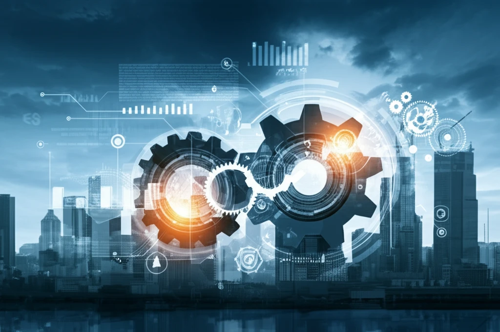 Intertwined gears representing data sharing between competing businesses.
