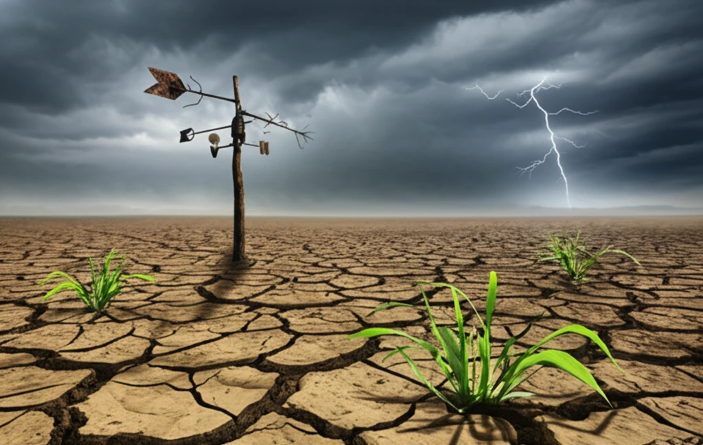 A parched field in India under a stormy sky represents the challenges and resilience in agriculture.