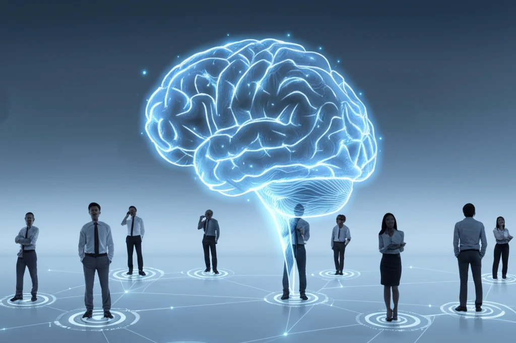 Personalized treatment represented by diverse group of people connected to a central brain.