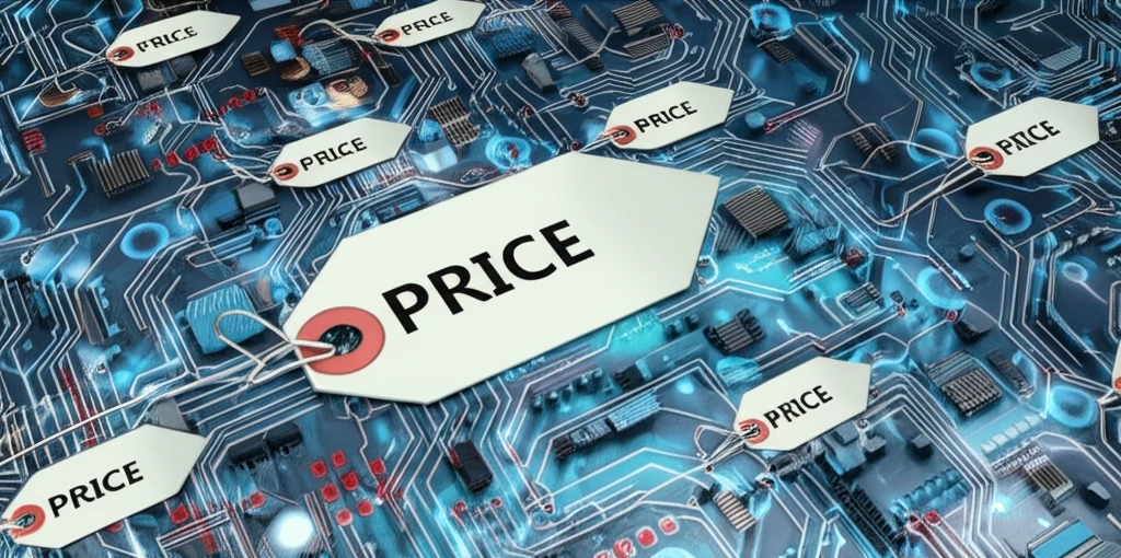 Surreal illustration of algorithmic collusion with intertwined circuit boards and price tags.
