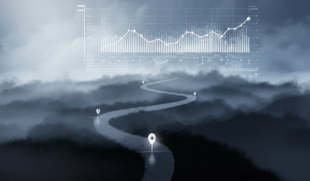 Digital illustration of a data path emerging from fog, representing the estimation of sample paths from noisy data.