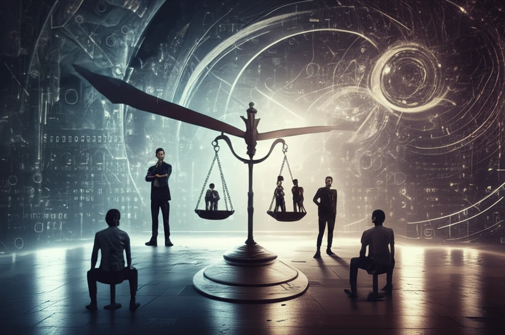 Symbolic image of balanced scales and interweaving people representing fair matching algorithms.