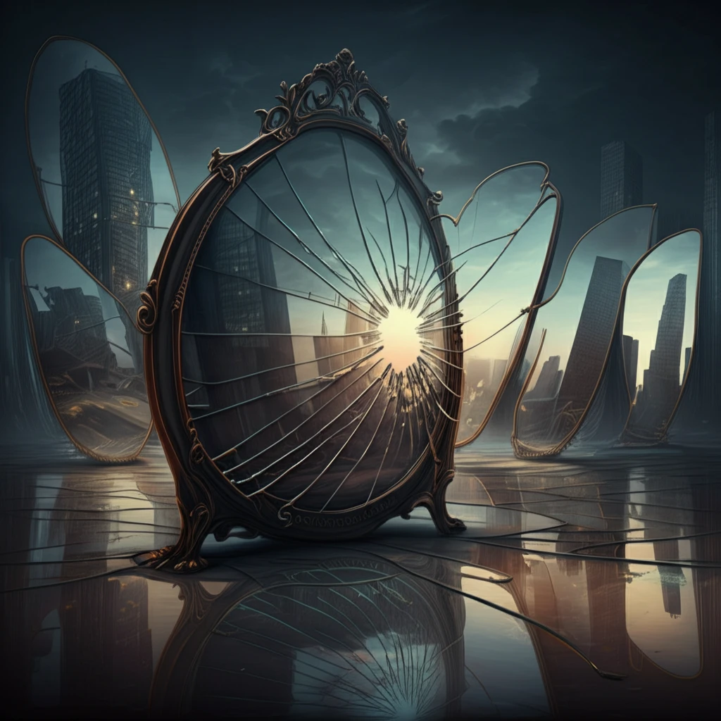 Shattered mirror reflecting multiple interpretations of a cityscape.