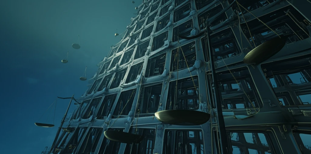 Complex lattice structure with scales of justice, symbolizing fairness and complexity in market design.