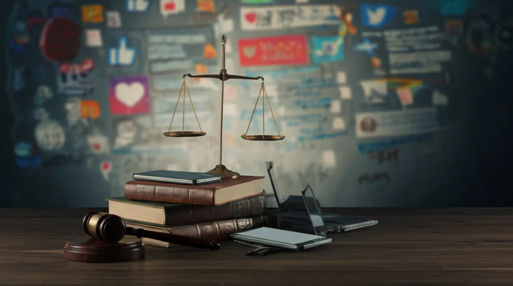 Digital illustration balancing law books and smartphones, symbolizing the challenge of regulating social media.