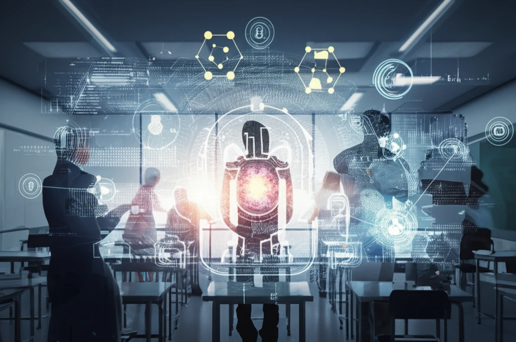 Diverse students connected by neural network lines in a classroom, symbolizing AI-driven education.