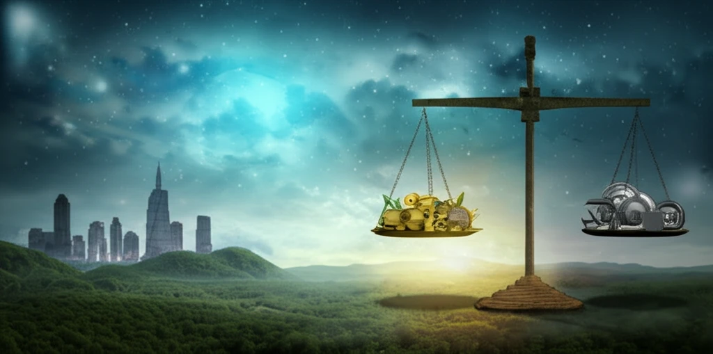 Digital illustration of a balanced scale showing resources and karma, symbolizing fair allocation.