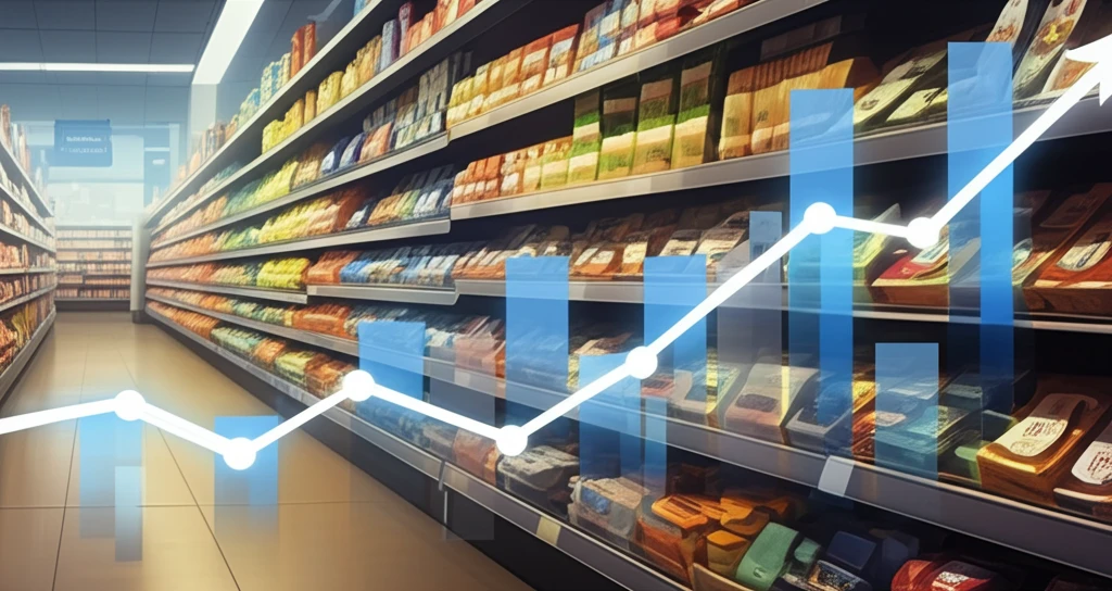 Grocery shelf morphing into data graph, representing data-driven inventory planning.
