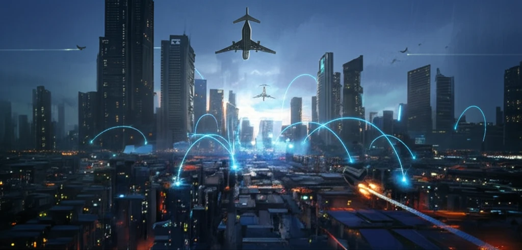 Futuristic cityscape with airplanes connected by energy lines, symbolizing airline efficiency.