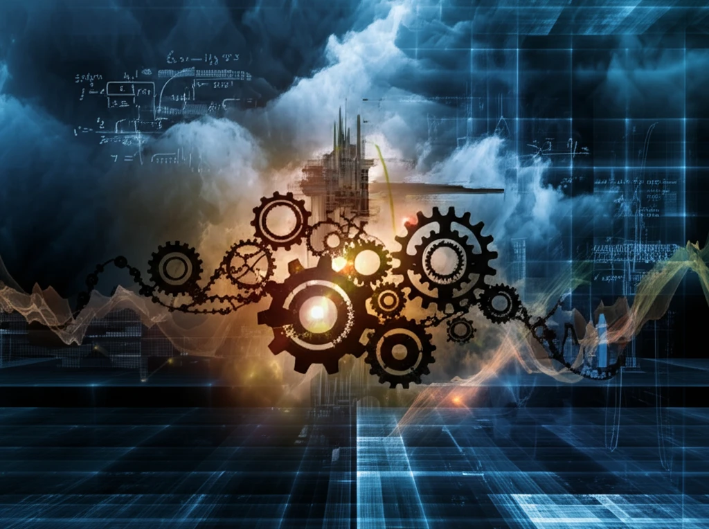 Interconnected gears and circuits forming a cityscape, representing economic forecasting with non-linear models.