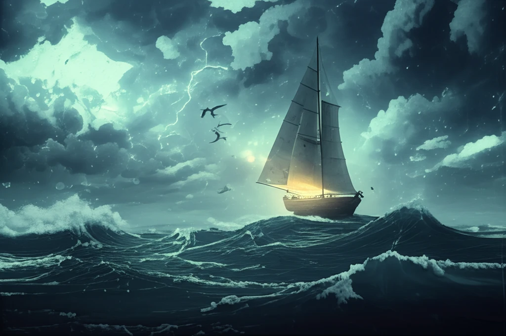 Sailboat navigating a stormy ocean, symbolizing crypto market volatility