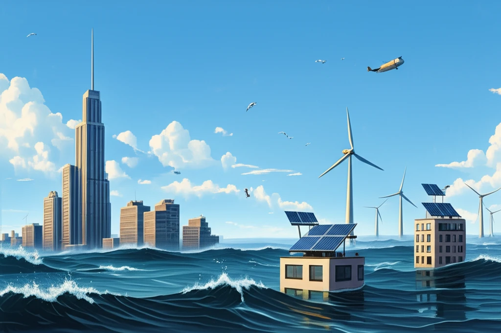 Cityscape partially submerged, showing wind turbines and solar panels, symbolizing climate change and renewable energy.
