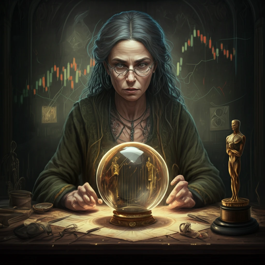 Surreal illustration of fortune teller with crystal ball predicting markets and awards.