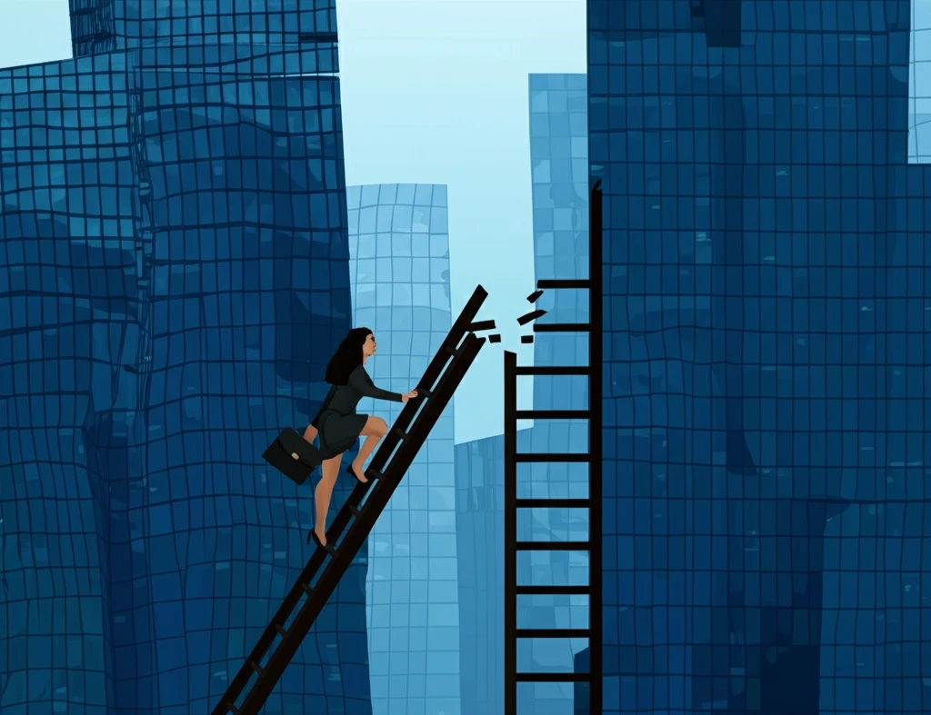 A broken rung on a career ladder symbolizes the challenges women face in leadership advancement.