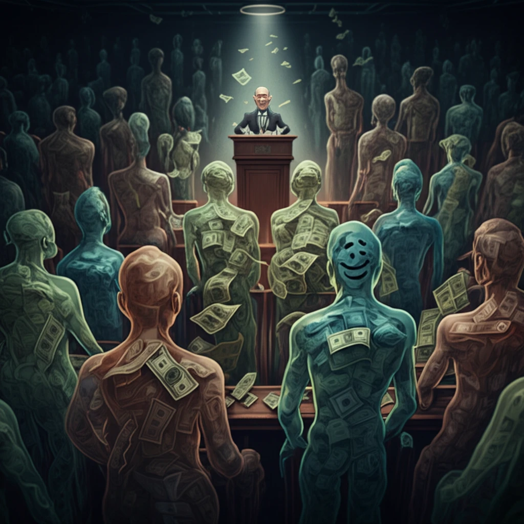 Surreal illustration of an auction with transparent bidders holding varying amounts of money.