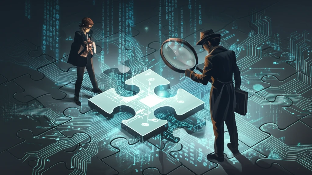 Surreal illustration of a detective solving a data puzzle.