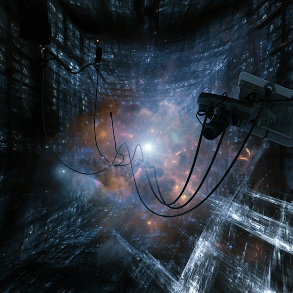 A simulated universe, represented by a network of data streams overlaid on a galaxy.