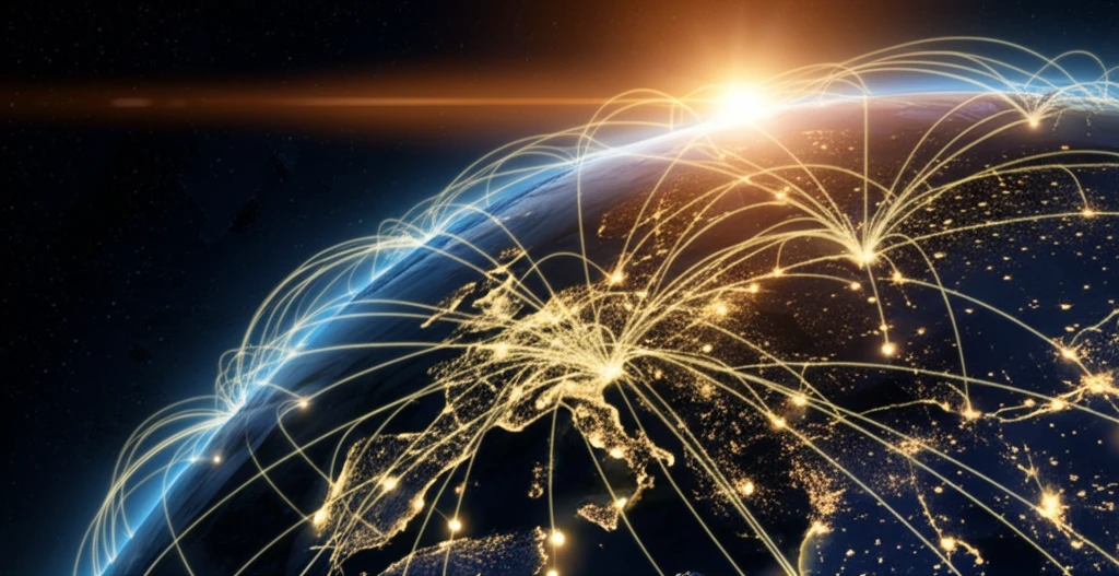 Global trade routes visualized with glowing lines connecting major cities, symbolizing the 'gravity' of economic forces.