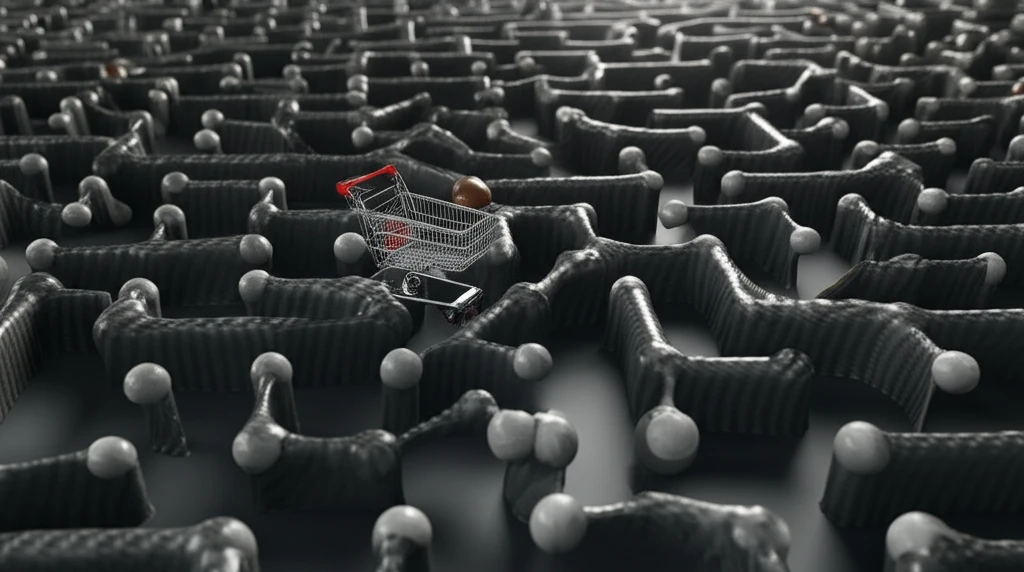 Shopping cart navigating a carbon molecule maze