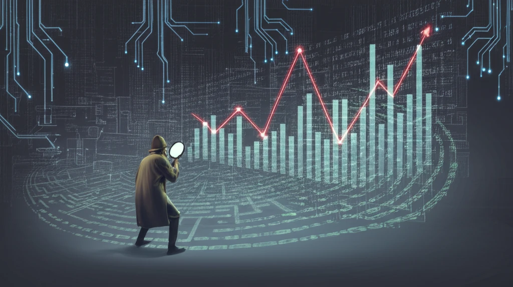 A detective examining a distorted data chart, symbolizing overfitting.