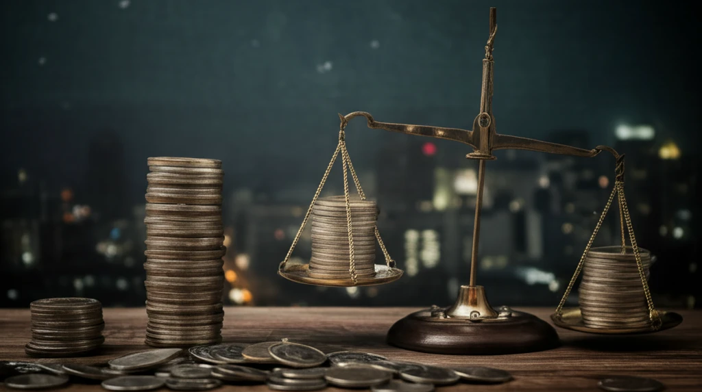 Scales balancing unequal stacks of coins with a cityscape in the background.