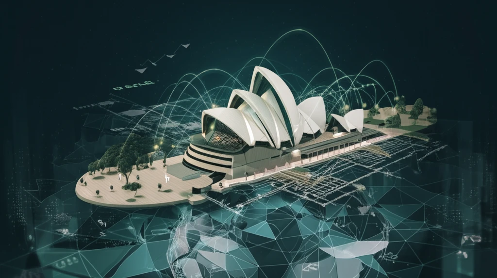 Interconnected Australian landmarks representing data flows and harmonic centrality.