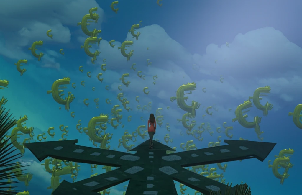 A person at a crossroads of consumer choices, surrounded by floating mathematical symbols.