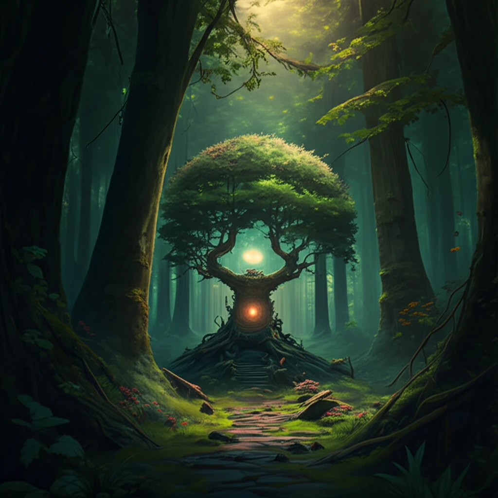 Surreal illustration of a stochastic decision forest with luminous oracle