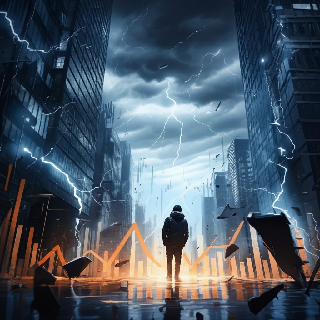 Surreal illustration depicting asymmetric market volatility with storm and financial charts.