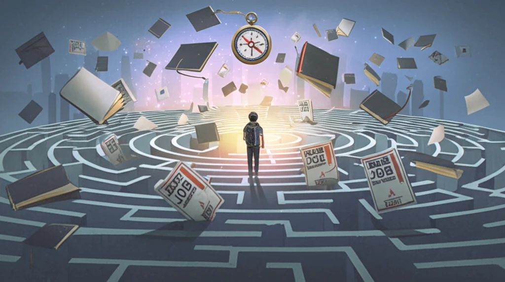 A student navigates a maze of textbooks and job postings, guided by the Course-Skill Atlas towards a bright future.