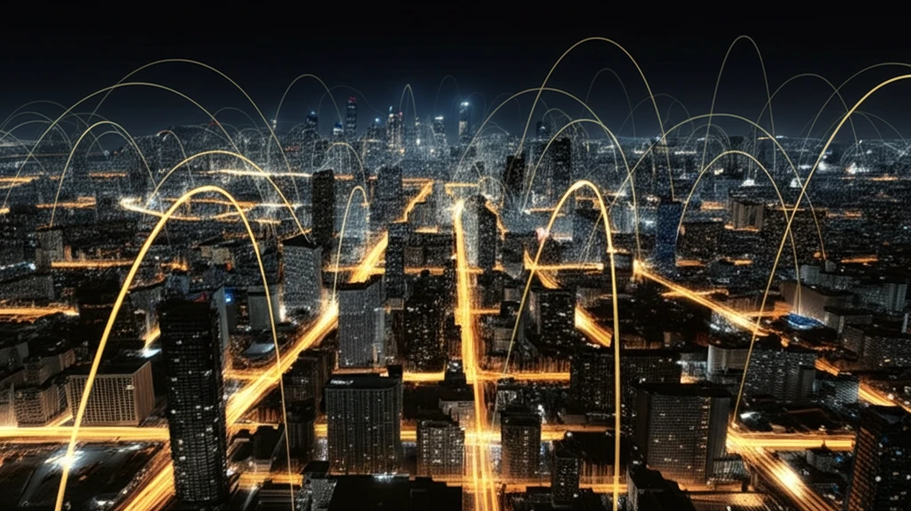Blockchain network illuminating a cityscape, symbolizing transparent public spending.