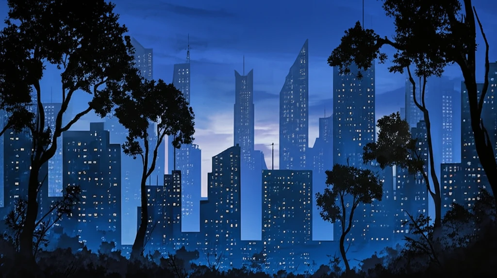 Surreal cityscape blending urban development and nature, symbolizing the balance of benefits and costs.