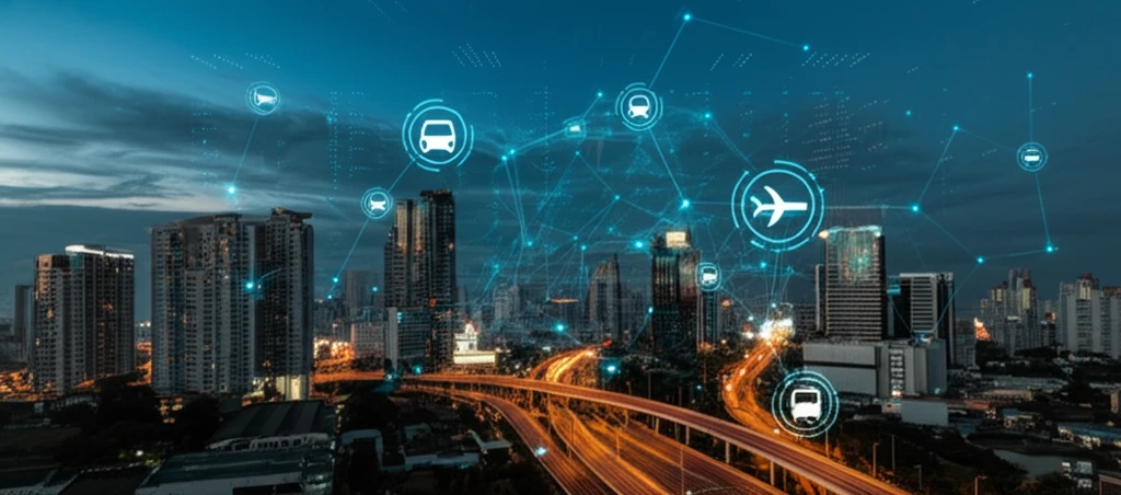 AI neural network predicting travel choices over a cityscape