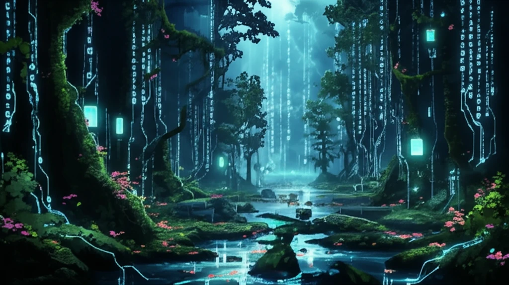 A surreal forest representing causal relationships and hidden knowledge.