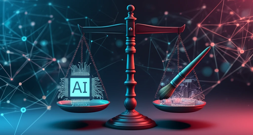 Balanced scale symbolizing the balance between artistic creation and AI technology.