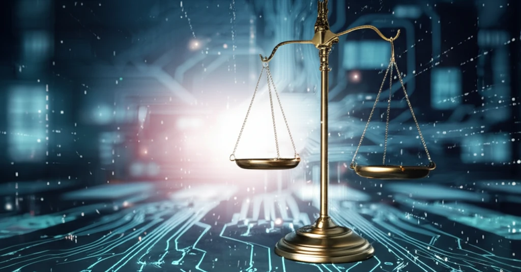 Balanced scales on a circuit board symbolize fairness in AI.