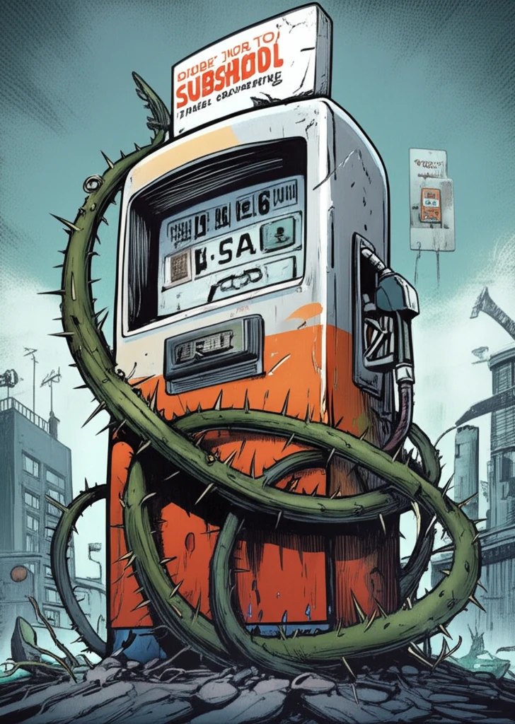 A gas pump entwined in thorns symbolizes the challenges of Nigeria's fuel subsidy policy.