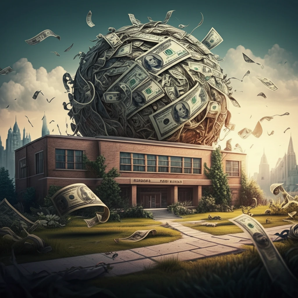 School building surrounded by money plants representing education finance.