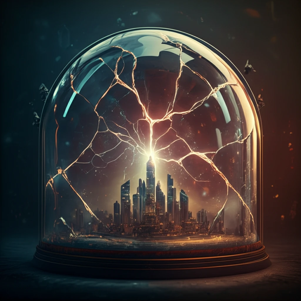 Cracks of light spread on glass dome showing market volatility.