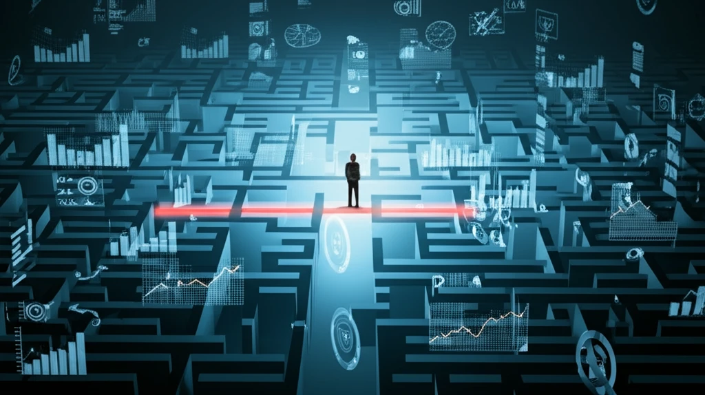 Person navigating a data maze, spotlight reveals the correct path.
