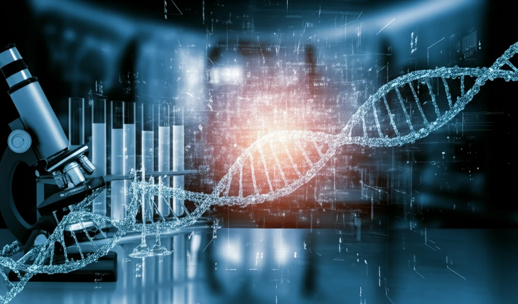 Blockchain and scientific instruments in a futuristic lab setting.