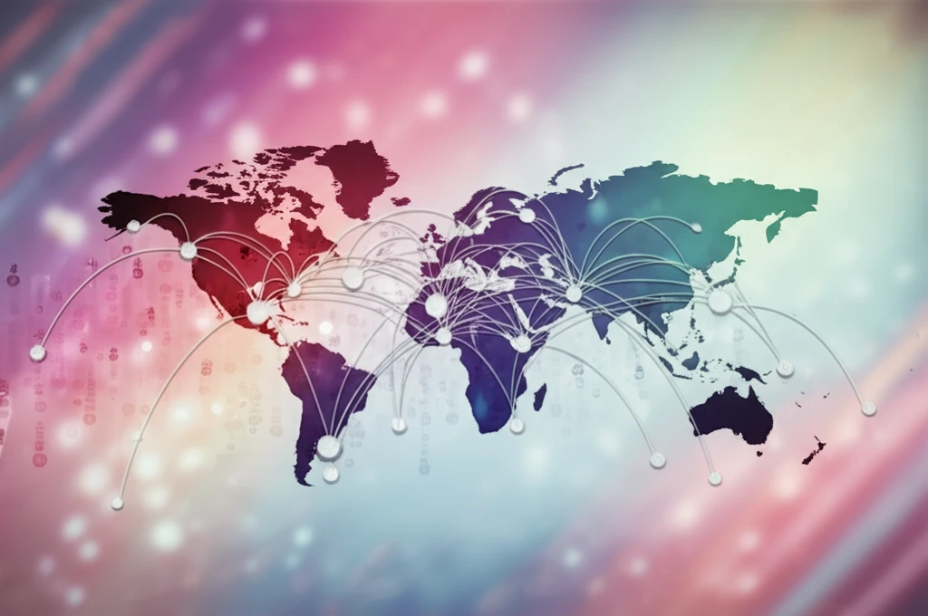 Digital illustration of a world map with glowing social connections