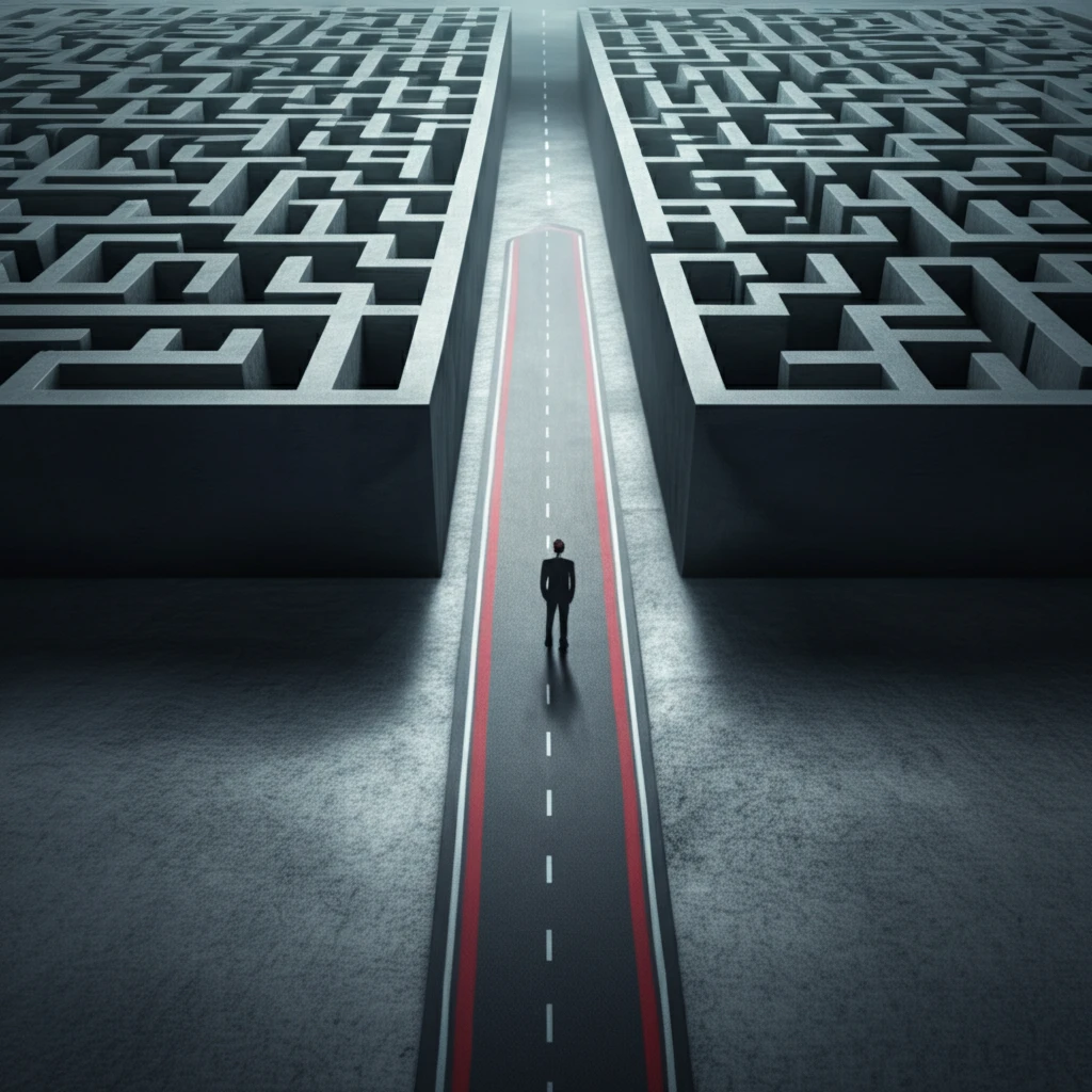 Maze representing exploration and clear road representing exploitation, decision-making.