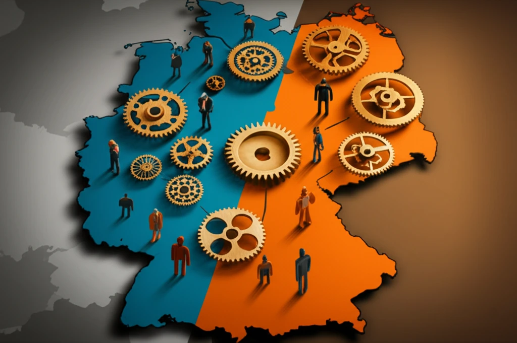 Interconnected gears symbolizing labor migration across a map of Germany, representing economic disparities and worker movement.