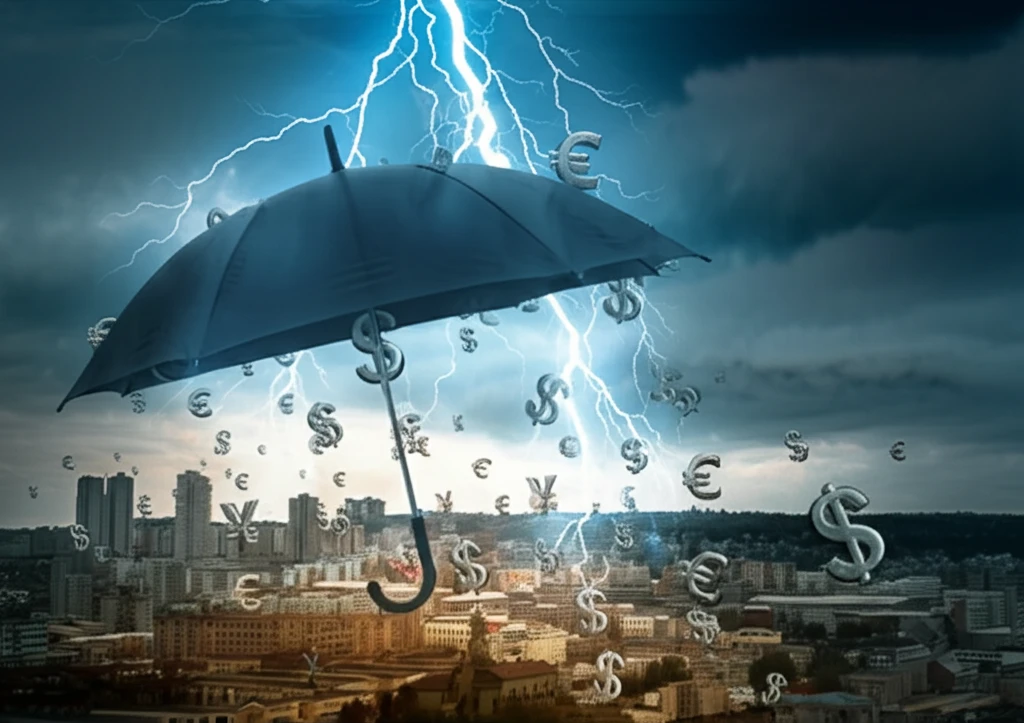 Protective umbrella shielding a cityscape from financial storm.