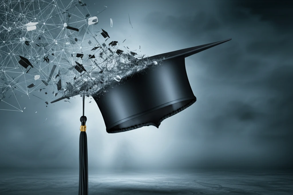 Digital illustration showing a graduation cap turning into a digital network to symbolize non-traditional education.