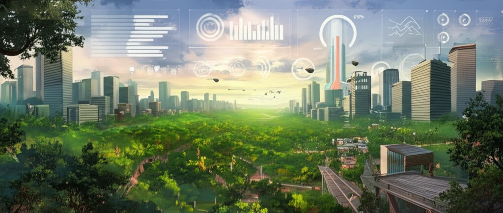 Cityscape during a heatwave, showing green spaces providing cooling relief.