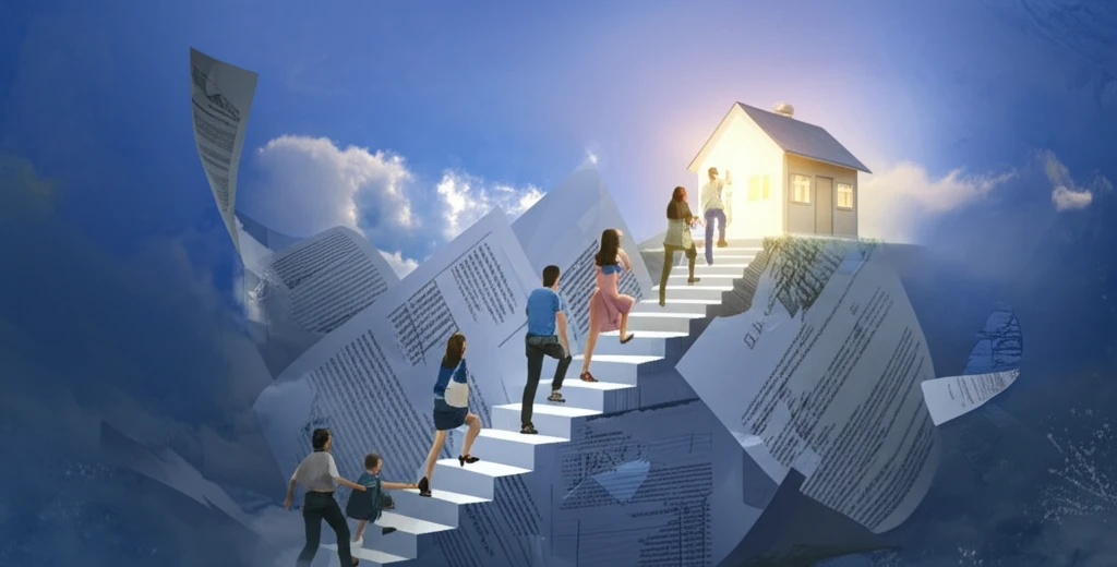 Diverse group climbing mortgage documents to a house.
