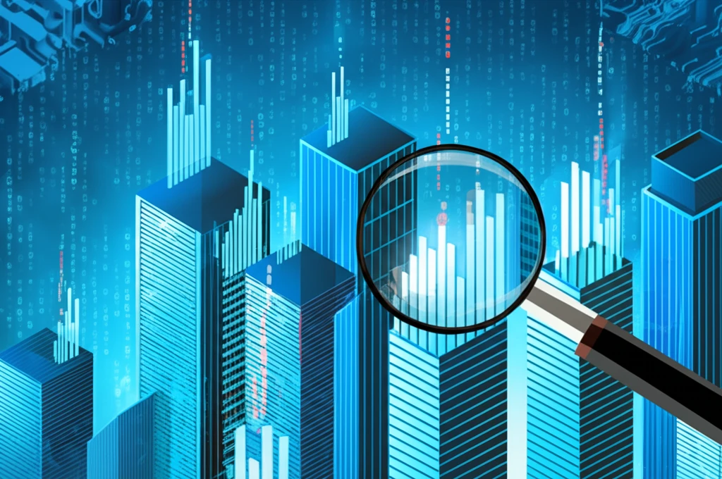 City skyline under a magnifying glass, symbolizing detailed policy analysis